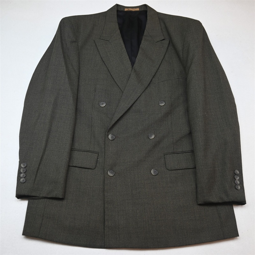 Vtg Double Breasted 42R Green Brown Houndstooth Wool Blazer Jacket Sport Coat